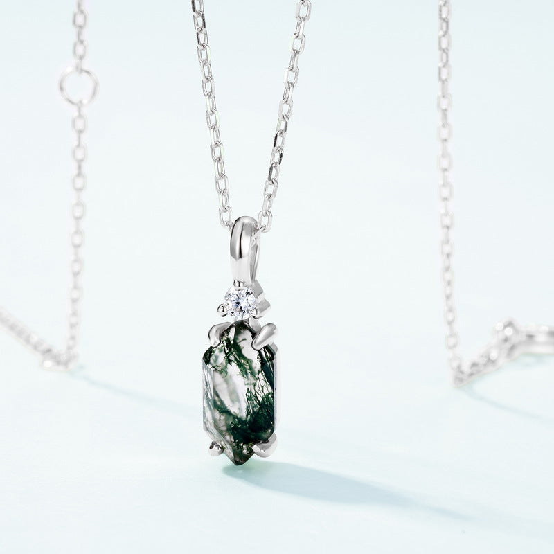 Moss Agate Sterling Silver Hexagon Prong-setting Retro Pendant Necklace (Platinum/Gold Pated)