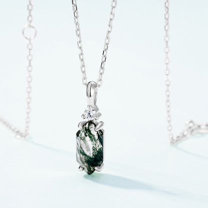 Moss Agate Sterling Silver Hexagon Prong-setting Retro Pendant Necklace (Platinum/Gold Pated)