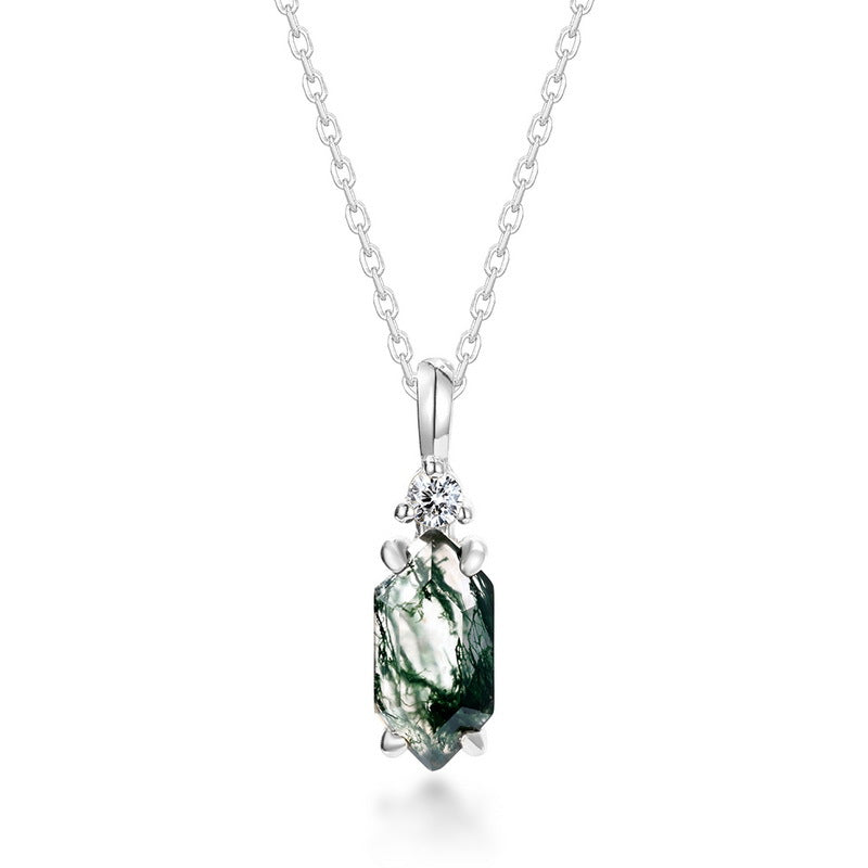Moss Agate Sterling Silver Hexagon Prong-setting Retro Pendant Necklace (Platinum/Gold Pated)