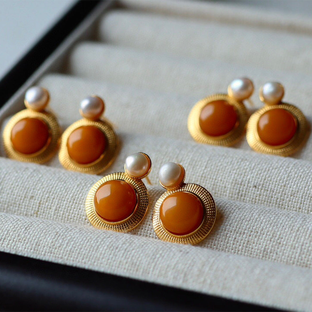 Sheehas Natural Amber Inlaid with Pearls Sterling Silver 18K Gold Plated Feng Shui Fortune-Praying Stud Earrings
