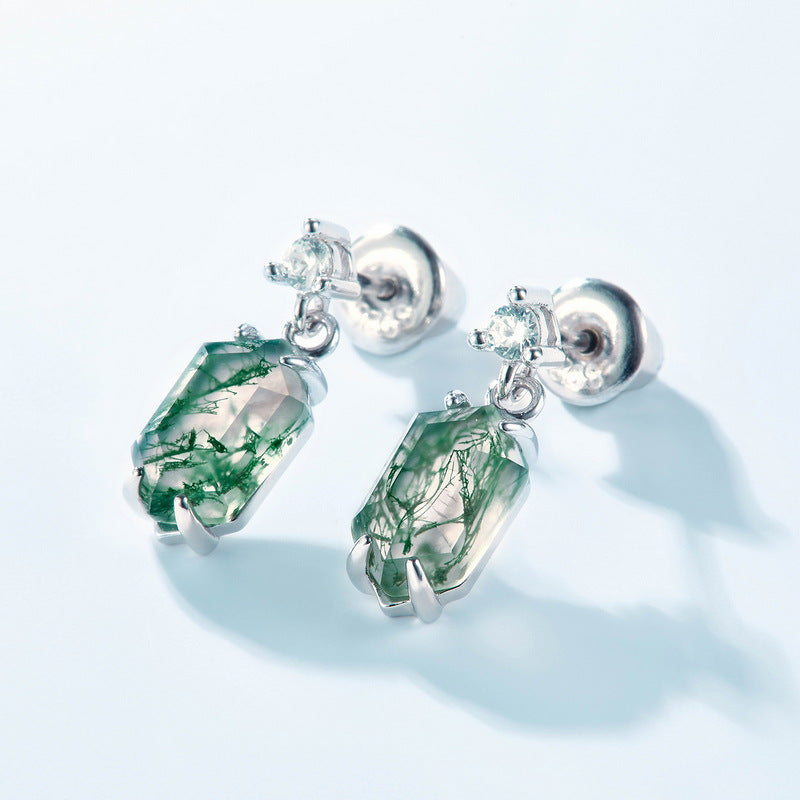 Boucles d'oreilles pendantes rétro en argent sterling et agate mousse, serties de griffes hexagonales