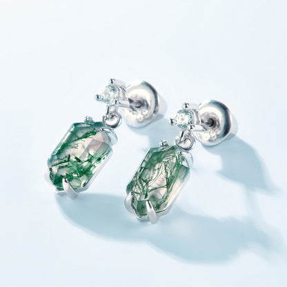 Boucles d'oreilles pendantes rétro en argent sterling et agate mousse, serties de griffes hexagonales