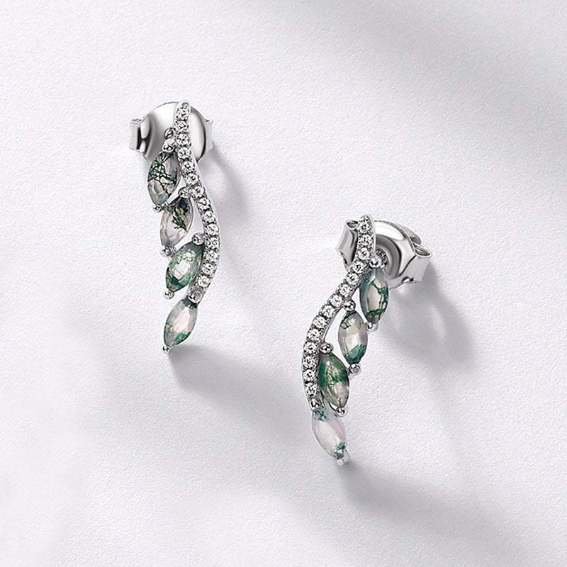 Pure Love: Natural Moss Agate Sterling Silver Angel's Wing Stud Earrings