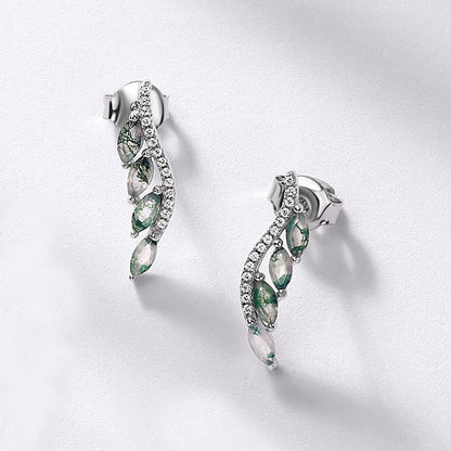 Pure Love: Natural Moss Agate Sterling Silver Angel's Wing Stud Earrings