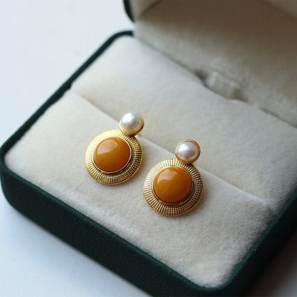 Sheehas Natural Amber Inlaid with Pearls Sterling Silver 18K Gold Plated Feng Shui Fortune-Praying Stud Earrings