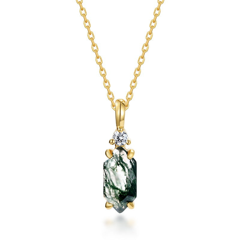 Moss Agate Sterling Silver Hexagon Prong-setting Retro Pendant Necklace (Platinum/Gold Pated)