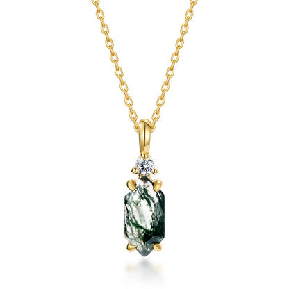 Moss Agate Sterling Silver Hexagon Prong-setting Retro Pendant Necklace (Platinum/Gold Pated)