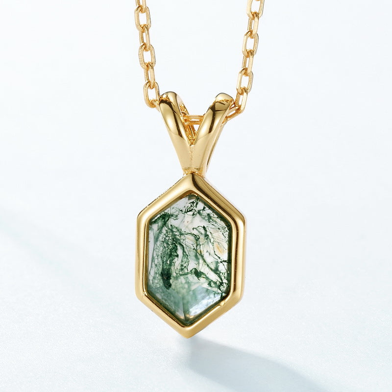 Moss Agate Sterling Silver Pendant with Luxury 10K Gold-Plated Edge
