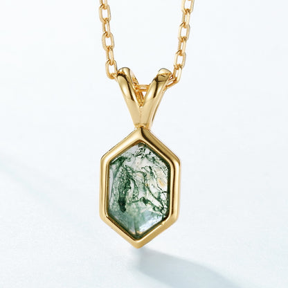 Moss Agate Sterling Silver Pendant with Luxury 10K Gold-Plated Edge