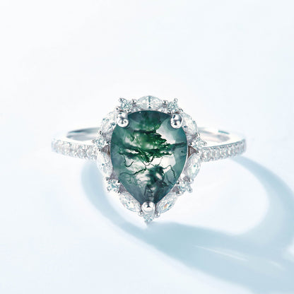 Moss Agate Sterling Silver Tearrop-shaped Diamond-encrusted Ring