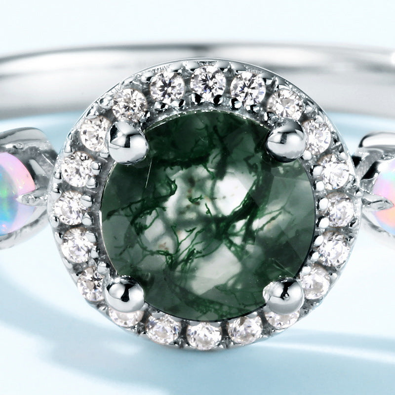 Luxurious Moss Agate Sterling Silver Round-cut and Diamond-surrounded Ring