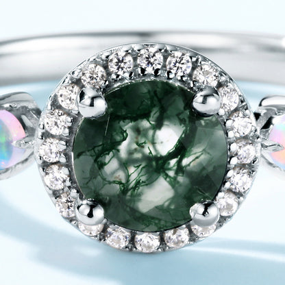 Luxurious Moss Agate Sterling Silver Round-cut and Diamond-surrounded Ring