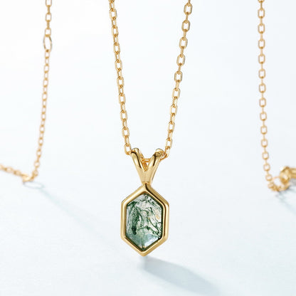 Moss Agate Sterling Silver Pendant with Luxury 10K Gold-Plated Edge