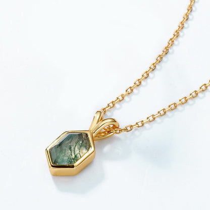 Moss Agate Sterling Silver Pendant with Luxury 10K Gold-Plated Edge