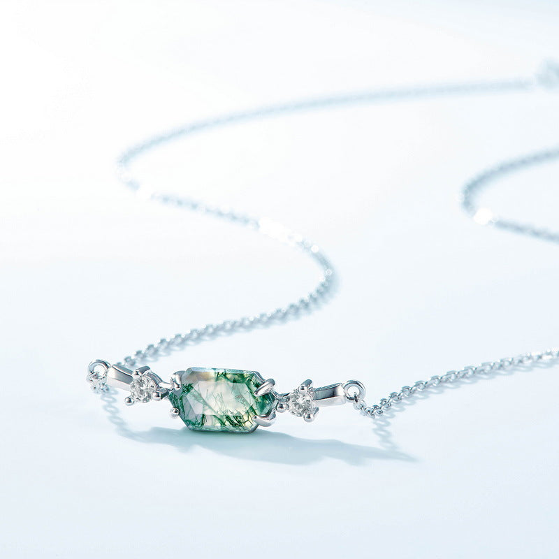 Moss Agate Sterling Silver Hexagon Prong-setting Retro Choker Necklace