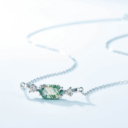 Moss Agate Sterling Silver Hexagon Prong-setting Retro Choker Necklace