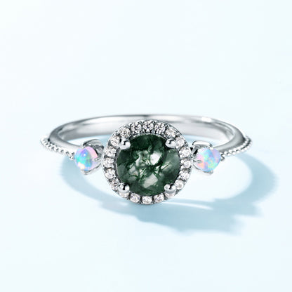 Luxurious Moss Agate Sterling Silver Round-cut and Diamond-surrounded Ring