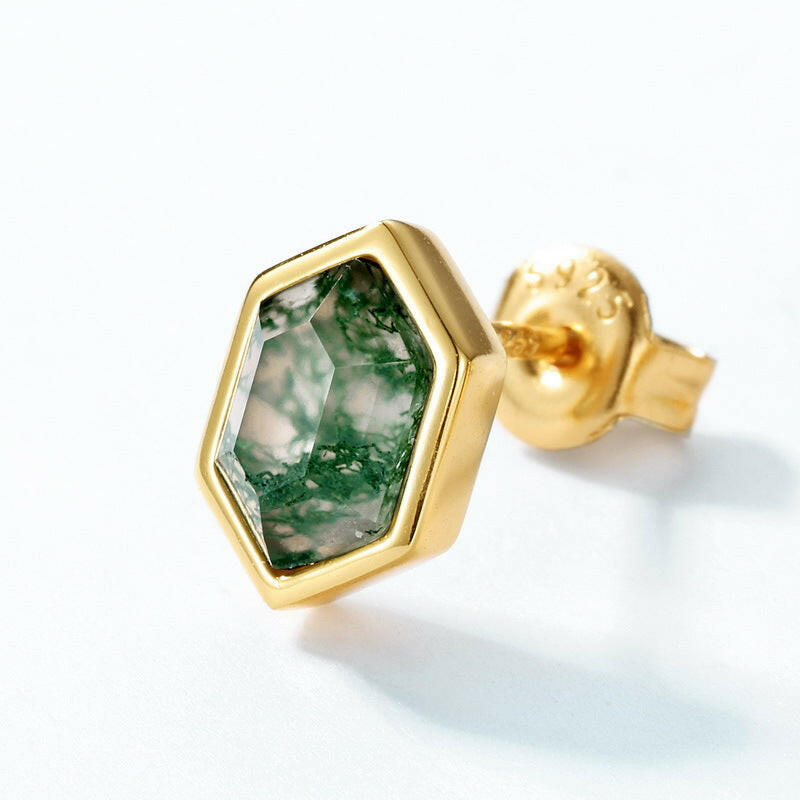 Moss Agate Sterling Silver Stud Earrings with Luxury 10K Gold-Plated Edge
