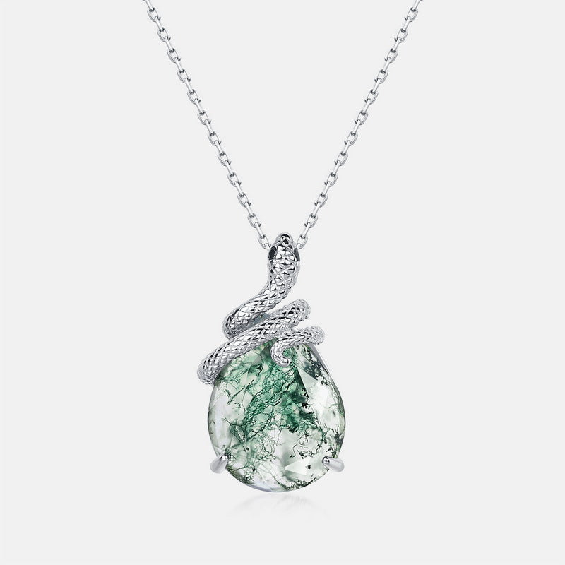 Moss Agate Snake Coiling Sterling Silver Necklace: Vitality & Regeneration