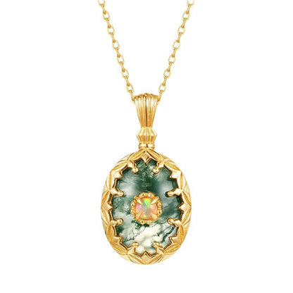 Sheehas Feng Shui Moss Agate Harmony Necklace | Sterling Silver 10K Gold-plated Opal Pendant