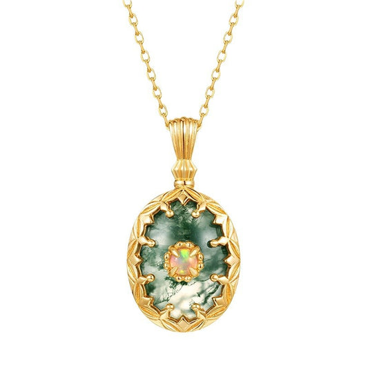 Sheehas Feng Shui Moss Agate Harmony Necklace | Sterling Silver 10K Gold-plated Opal Pendant