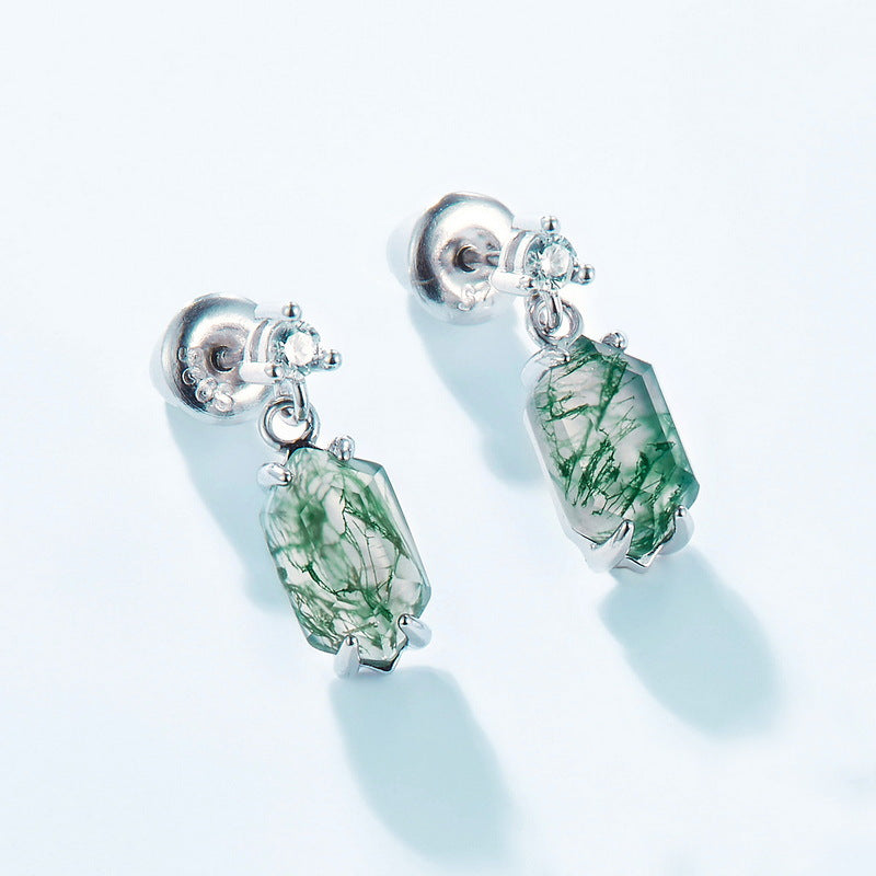 Boucles d'oreilles pendantes rétro en argent sterling et agate mousse, serties de griffes hexagonales