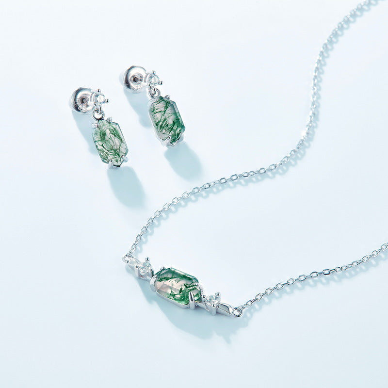 Boucles d'oreilles pendantes rétro en argent sterling et agate mousse, serties de griffes hexagonales