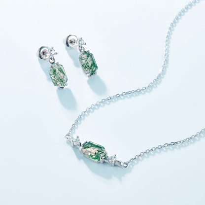 Boucles d'oreilles pendantes rétro en argent sterling et agate mousse, serties de griffes hexagonales