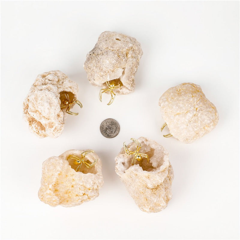 Unique White Agate Geode Embellished with Spider - A Beacon of Abundant Wealth