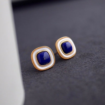 Sheehas Natural Lapis Lazuli White Nacre Embellished Sterling Silver 18K Gold Plated Square Stud Earrings