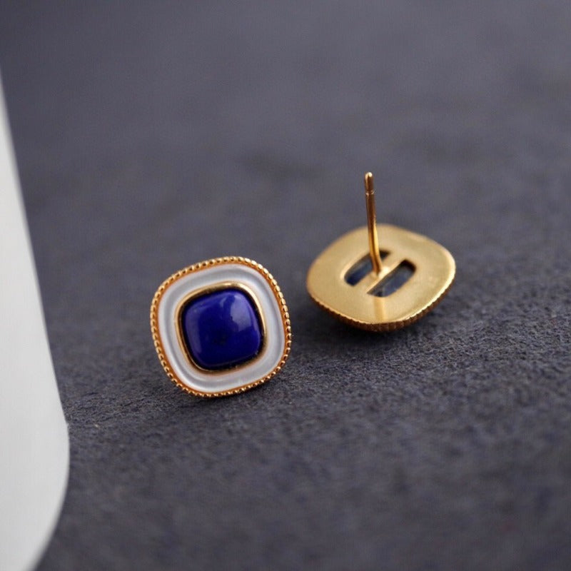 Sheehas Natural Lapis Lazuli White Nacre Embellished Sterling Silver 18K Gold Plated Square Stud Earrings