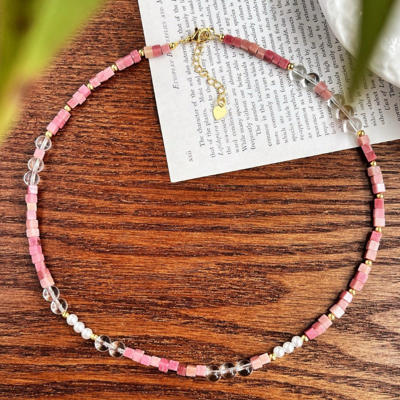 Natural Rhodochrosite, Clear Quartz & Pearl Retro Adjustable Necklace