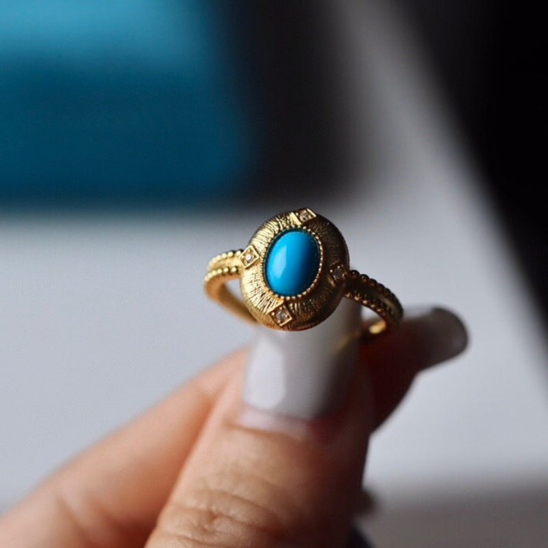 Sheehas Exquisite Natural Turquoise Sterling Silver 18K Gold Plated Adjustable Vintage Court-style Ring