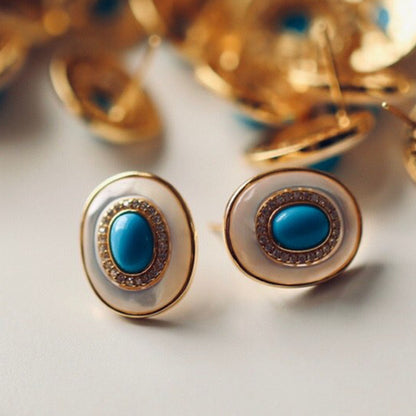 Sheehas Feng Shui Natural Turquoise & White Nacre Sterling Silver 18K Gold Plated Oval Stud Earrings