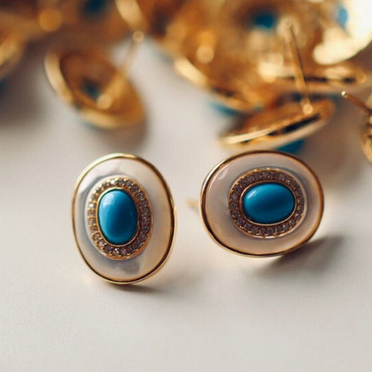 Sheehas Feng Shui Natural Turquoise & White Nacre Sterling Silver 18K Gold Plated Oval Stud Earrings