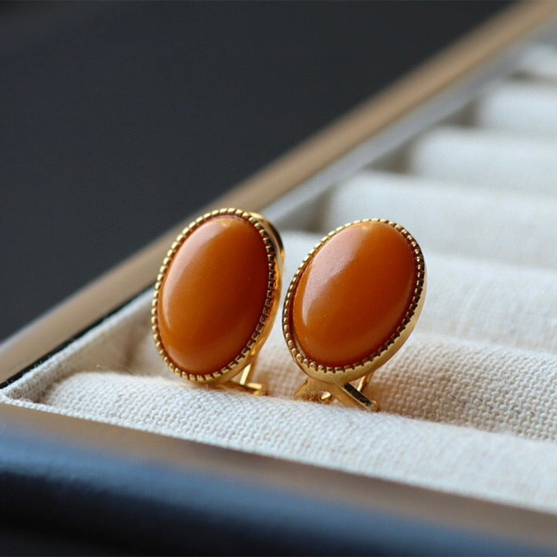 Sheehas Natural Amber Sterling Silver 18K Gold Plated Oval-shaped Feng Shui Healing Clip-on Earrings