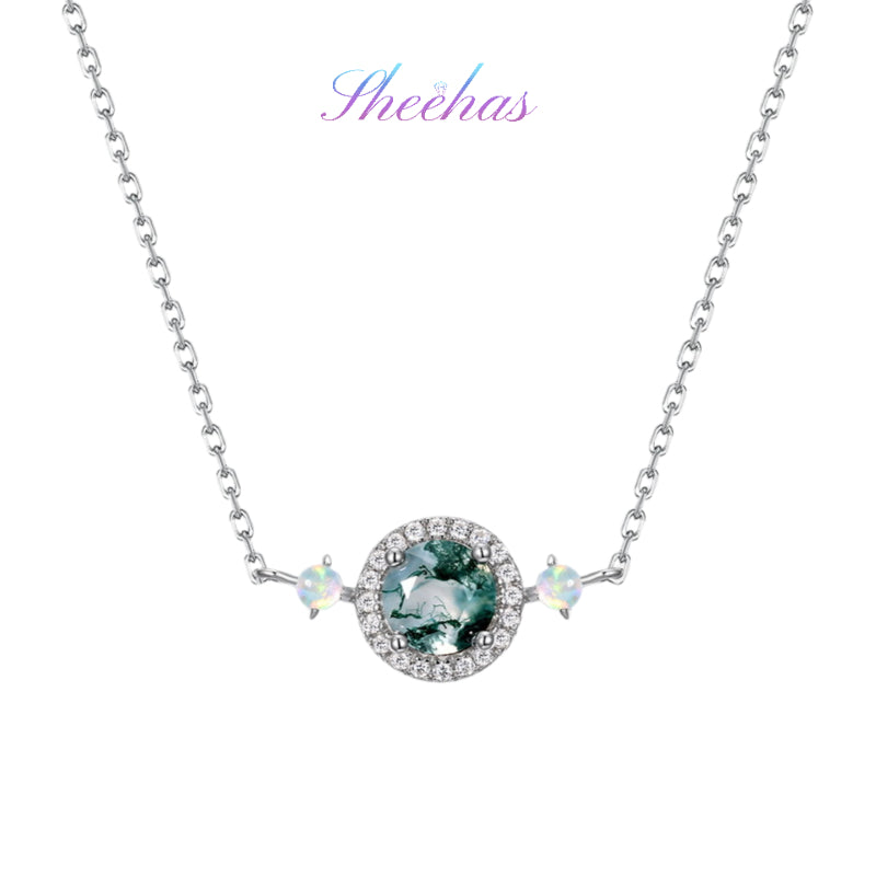 Luxurious Moss Agate Sterling Silver Round-cut and Diamond-surrounding Jewelry Set