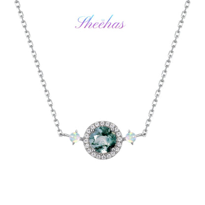 Luxurious Moss Agate Sterling Silver Round-cut and Diamond-surrounding Jewelry Set