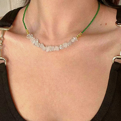 Natural Clear Quartz & Green Cat's-eye Stone Resort-style Necklace