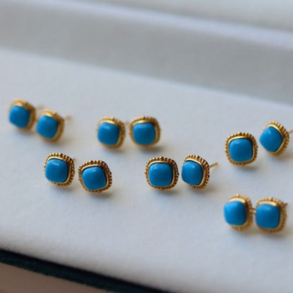 Sheehas Feng Shui Natural Turquoise Sterling Silver 18K Gold Plated Small Square Stud Earrings