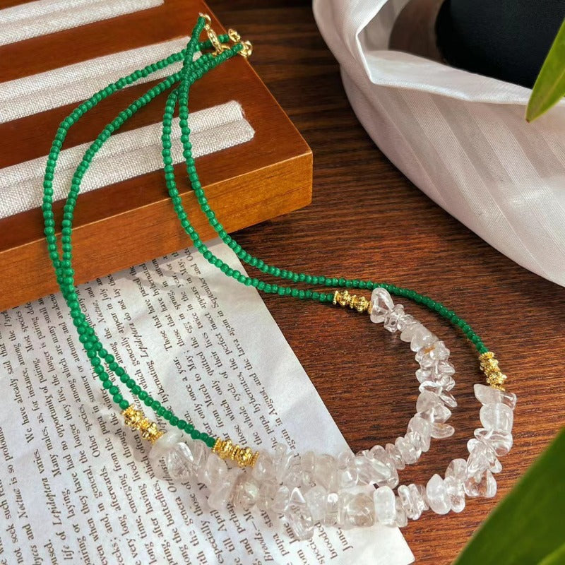 Natural Clear Quartz & Green Cat's-eye Stone Resort-style Necklace