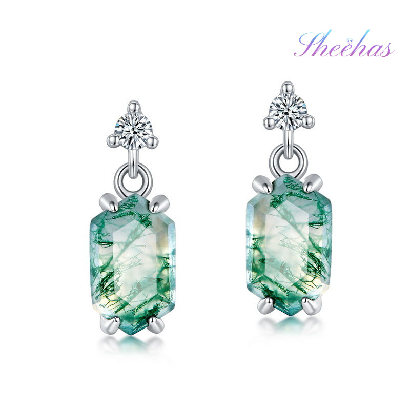 Boucles d'oreilles pendantes rétro en argent sterling et agate mousse, serties de griffes hexagonales