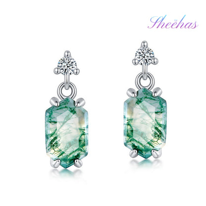 Boucles d'oreilles pendantes rétro en argent sterling et agate mousse, serties de griffes hexagonales