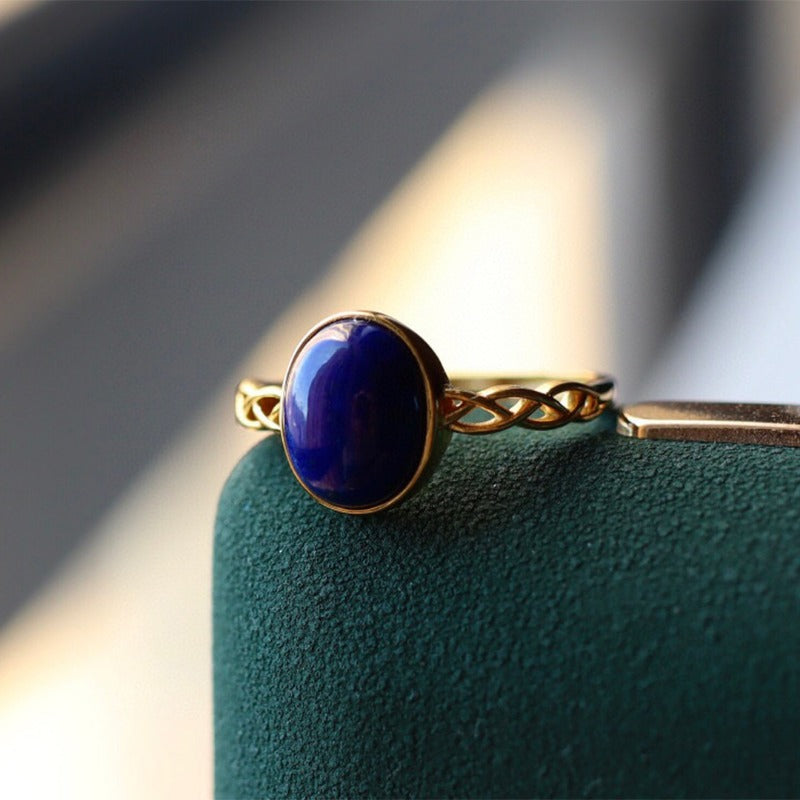 Sheehas Feng Shui Natural Lapis Lazuli Sterling Silver 18K Plated Gold Imperial Adjustable Ring