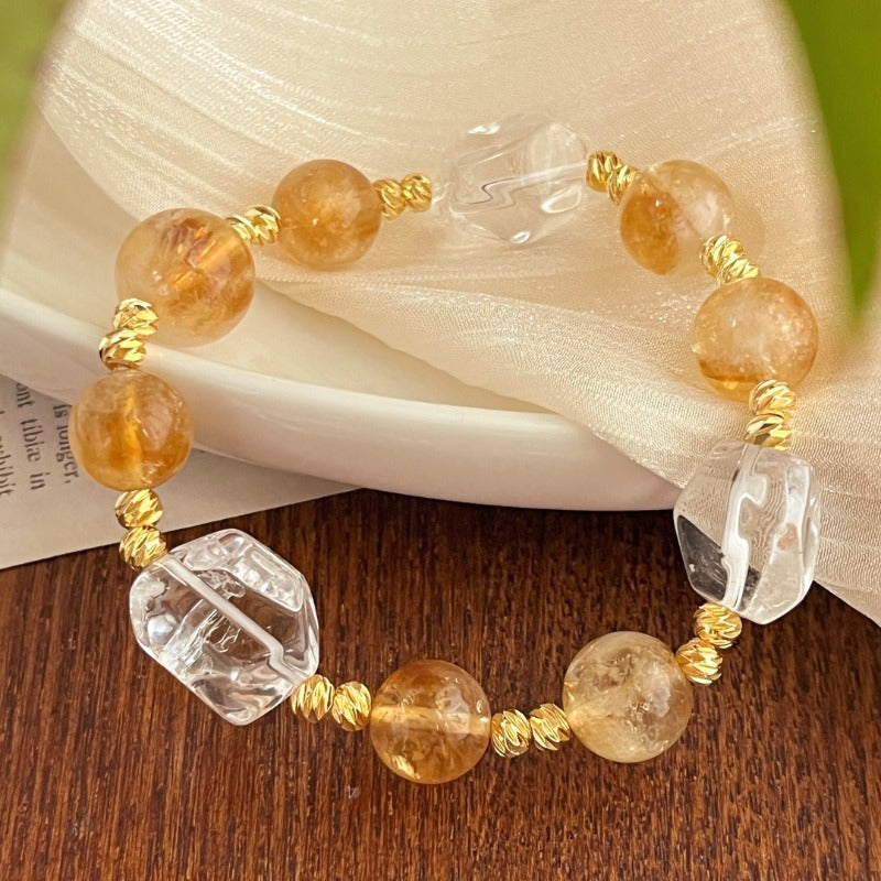 Sheehas Feng Shui Natural Citrine and White Crystal Maillard-style Retro Elastic Bracelet