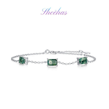Moss Agate Emerald-Cut Sterling Silver Minimalism Adjustable Bracelet
