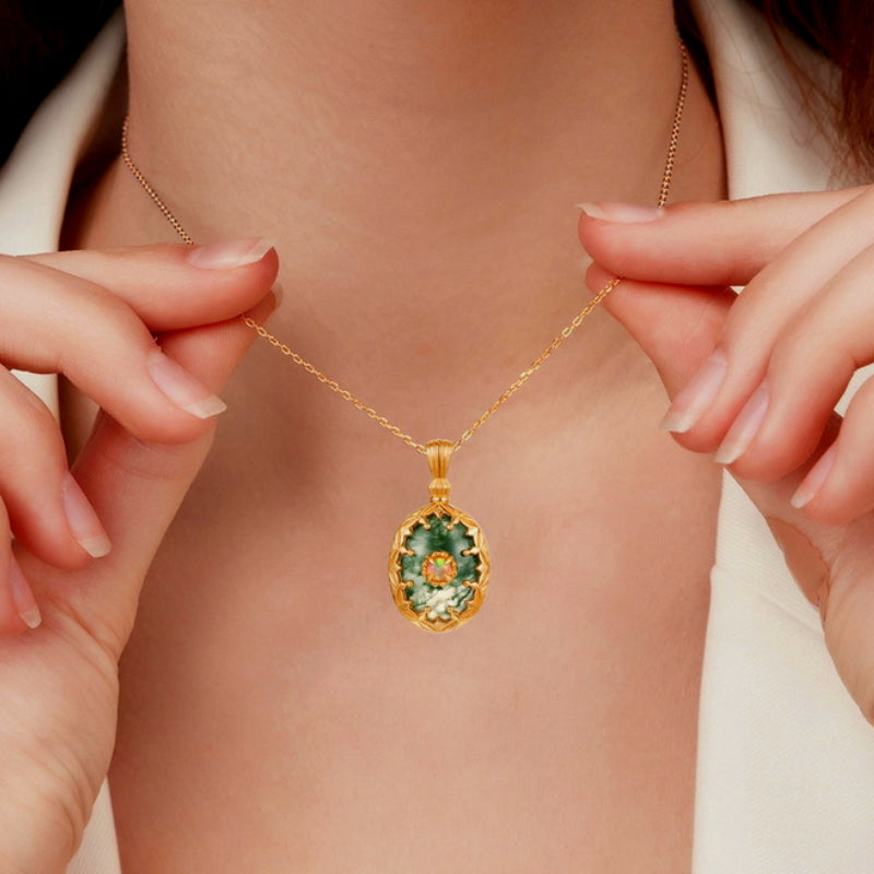 Sheehas Feng Shui Moss Agate Harmony Necklace | Sterling Silver 10K Gold-plated Opal Pendant