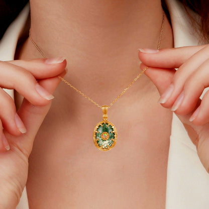 Sheehas Feng Shui Moss Agate Harmony Necklace | Sterling Silver 10K Gold-plated Opal Pendant