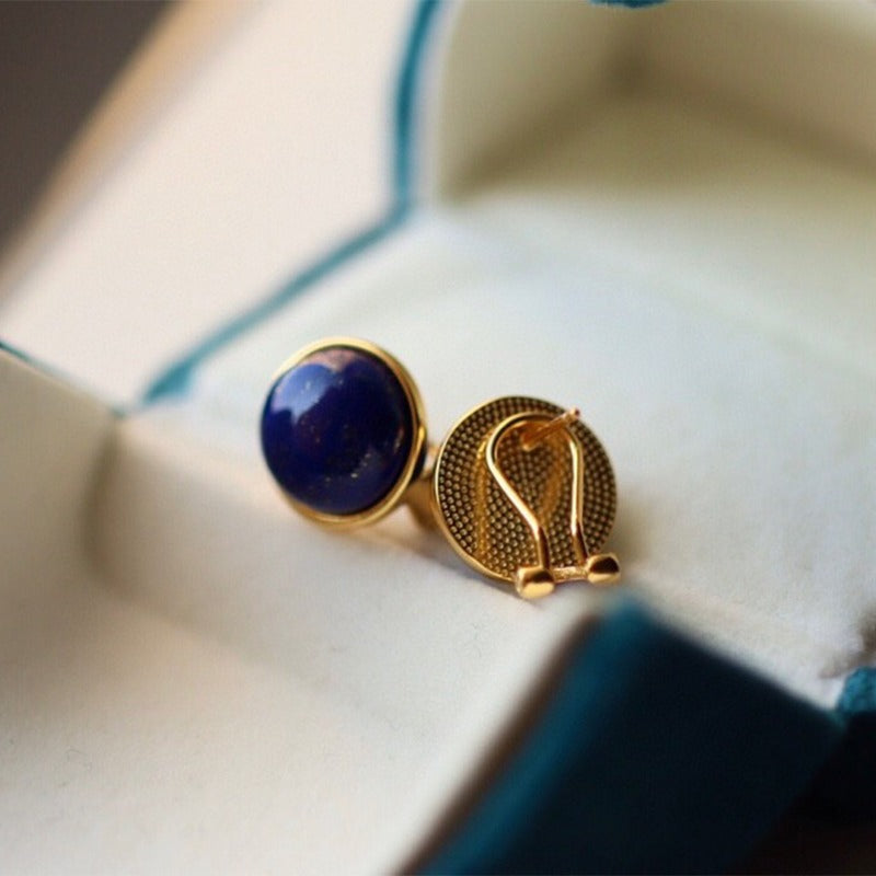 Sheehas Feng Shui Natural Lapis Lazuli Sterling Silver 18K Gold Plated Round Clip-on Earrings: Fortune Enhancement