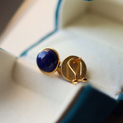 Sheehas Feng Shui Natural Lapis Lazuli Sterling Silver 18K Gold Plated Round Clip-on Earrings: Fortune Enhancement
